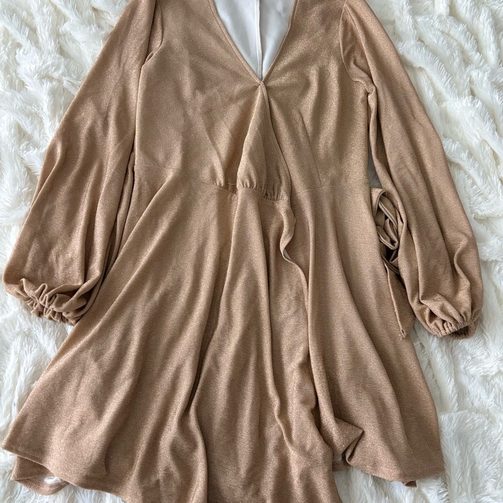 Long sleeve glitter metallic wrap dress